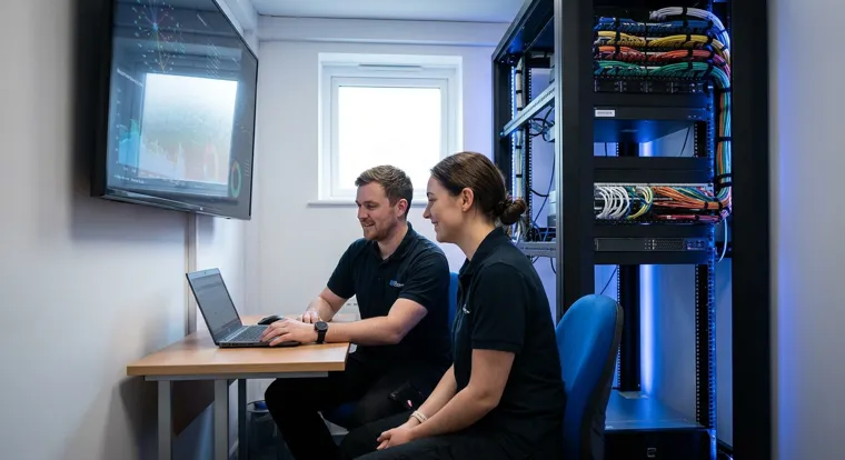 Equipe de suporte acompanhando painéis de monitoramento de rede