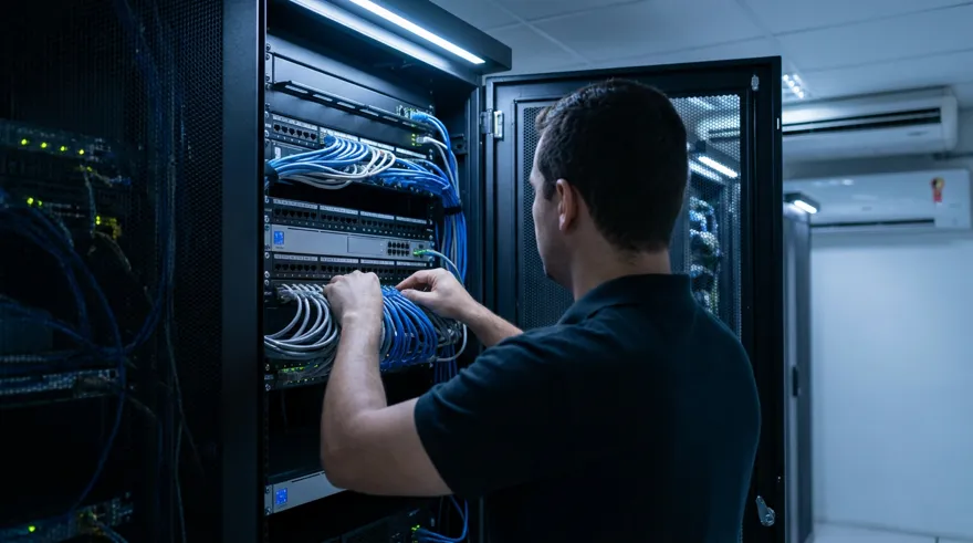 Técnico organizando cabeamento de rede em um rack de servidores